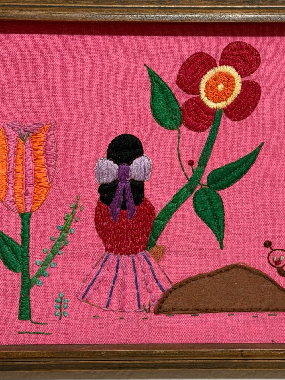 Hand-Embroidered Floral Folk Art Textile - Pink
